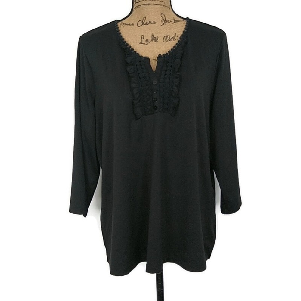 Susan Graver Black Top 1/4‎ Button 3/4 Sleeve Boho Minimalist Romantic Chic sz L